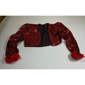 Red Sequin Bolero Jacket Cropped Shrug Ruffle Cuff Sparkly Dance Party Top M